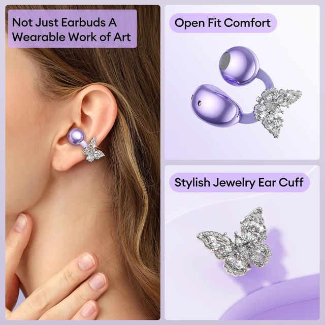 Alt view image 2 of 7 - Stylish Open Ear Clip On Earbuds with Removable Butterfly Earring, Clip On Headphones with LCD Touch Screen, Fashionables Open Ear Headphones for Women, Butterfly Earring Purple Earbuds