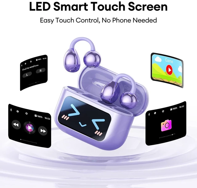Alt view image 4 of 7 - Clip On Earbuds, Open Ear Earbuds Wireless Bluetooth 5.4, Clip On Headphones with LCD Touchscreen, Lightweight Comfort Open Ear Headphones for Sports, Fitness, and Workouts, M100 Purple
