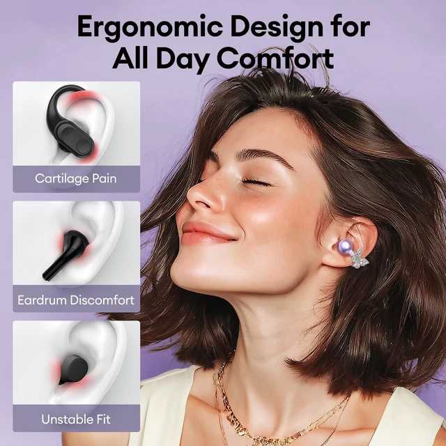 Alt view image 4 of 7 - Stylish Open Ear Clip On Earbuds with Removable Butterfly Earring, Clip On Headphones with LCD Touch Screen, Fashionables Open Ear Headphones for Women, Butterfly Earring Purple Earbuds