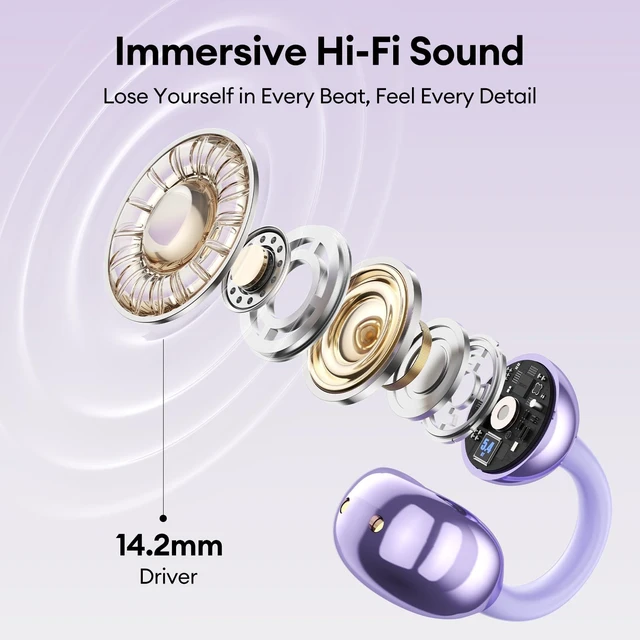Alt view image 5 of 7 - Clip On Earbuds, Open Ear Earbuds Wireless Bluetooth 5.4, Clip On Headphones with LCD Touchscreen, Lightweight Comfort Open Ear Headphones for Sports, Fitness, and Workouts, M100 Purple