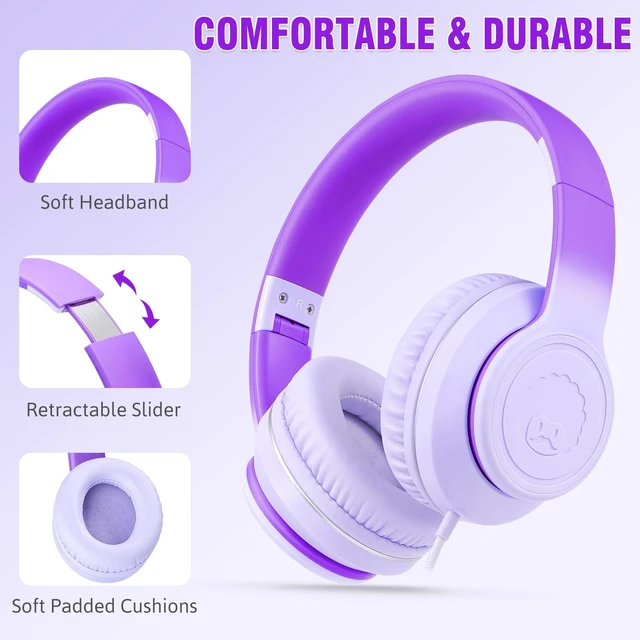 Alt view image 2 of 6 - L22 Foldable Wired Headphones for Kids Girls Boys with Microphone Stereo 3.5mm Corded Head phones for School Classroom Airplane Chromebooks Computer Laptop Phones Gradient Purple