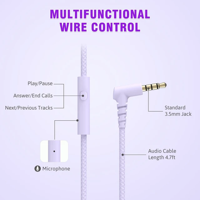 Alt view image 3 of 6 - L22 Foldable Wired Headphones for Kids Girls Boys with Microphone Stereo 3.5mm Corded Head phones for School Classroom Airplane Chromebooks Computer Laptop Phones Gradient Purple