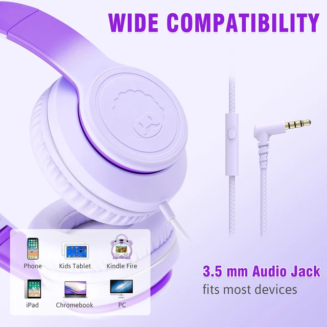 Alt view image 4 of 6 - L22 Foldable Wired Headphones for Kids Girls Boys with Microphone Stereo 3.5mm Corded Head phones for School Classroom Airplane Chromebooks Computer Laptop Phones Gradient Purple