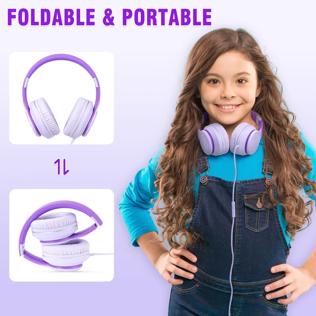 Alt view image 5 of 6 - L22 Foldable Wired Headphones for Kids Girls Boys with Microphone Stereo 3.5mm Corded Head phones for School Classroom Airplane Chromebooks Computer Laptop Phones Gradient Purple