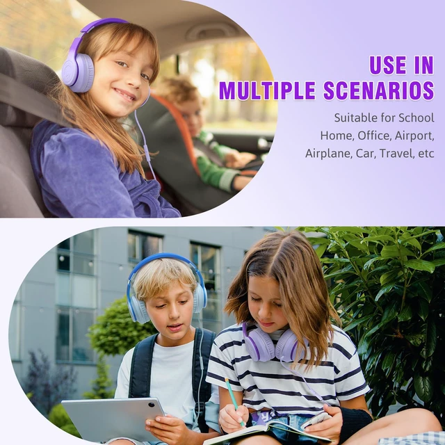Alt view image 6 of 6 - L22 Foldable Wired Headphones for Kids Girls Boys with Microphone Stereo 3.5mm Corded Head phones for School Classroom Airplane Chromebooks Computer Laptop Phones Gradient Purple
