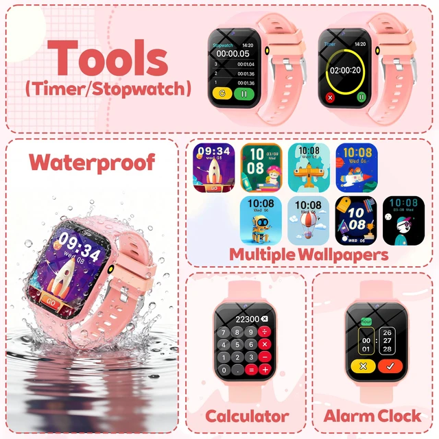Alt view image 6 of 7 - Smart Watch for Kids, Kids Watch with 18 Puzzle Games Sleep 1.83" HD Touch Pedometer DIY Dial Alarm Clock Timer Stopwatch Calendar Flashlight No APP/Phone, 12/24 hr Gift for Kid Christmas Birthday