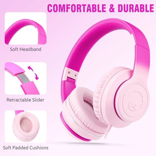 Alt view image 2 of 6 - L22 Foldable Wired Headphones for Kids Girls Boys with Microphone Stereo 3.5mm Corded Head phones for School Classroom Airplane Chromebooks Computer Laptop Phones Gradient Pink