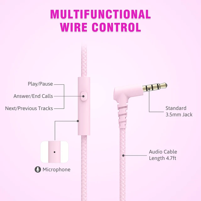 Alt view image 3 of 6 - L22 Foldable Wired Headphones for Kids Girls Boys with Microphone Stereo 3.5mm Corded Head phones for School Classroom Airplane Chromebooks Computer Laptop Phones Gradient Pink