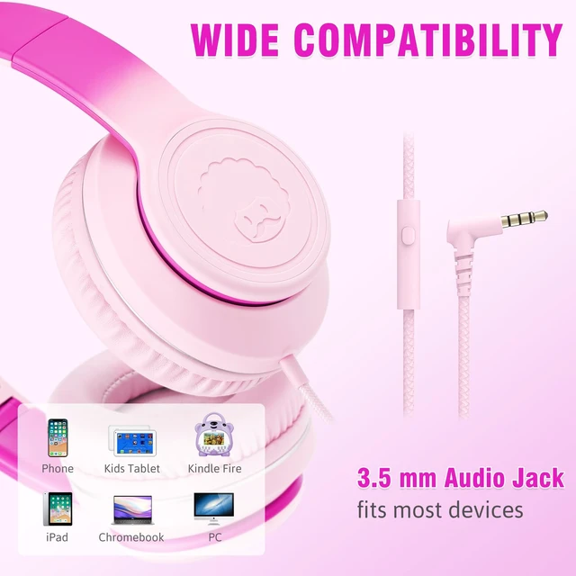 Alt view image 4 of 6 - L22 Foldable Wired Headphones for Kids Girls Boys with Microphone Stereo 3.5mm Corded Head phones for School Classroom Airplane Chromebooks Computer Laptop Phones Gradient Pink