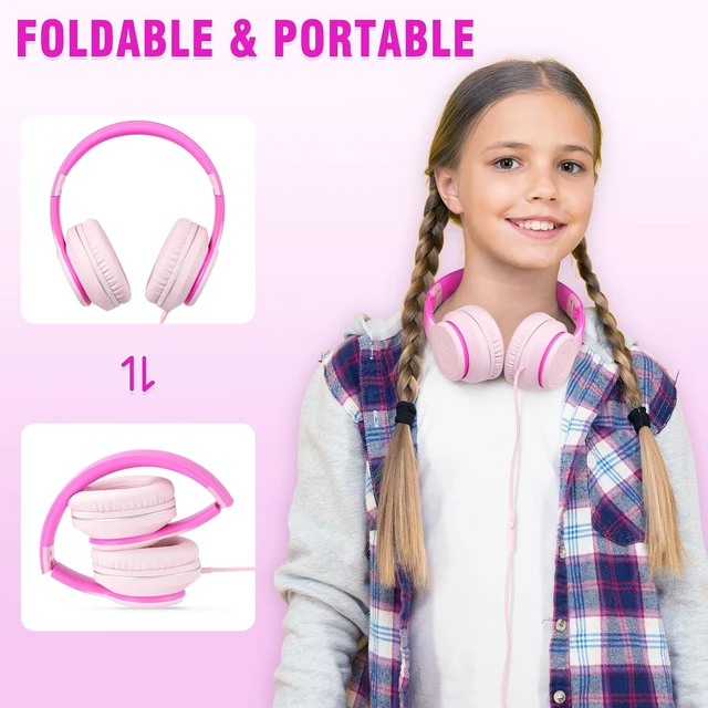 Alt view image 5 of 6 - L22 Foldable Wired Headphones for Kids Girls Boys with Microphone Stereo 3.5mm Corded Head phones for School Classroom Airplane Chromebooks Computer Laptop Phones Gradient Pink
