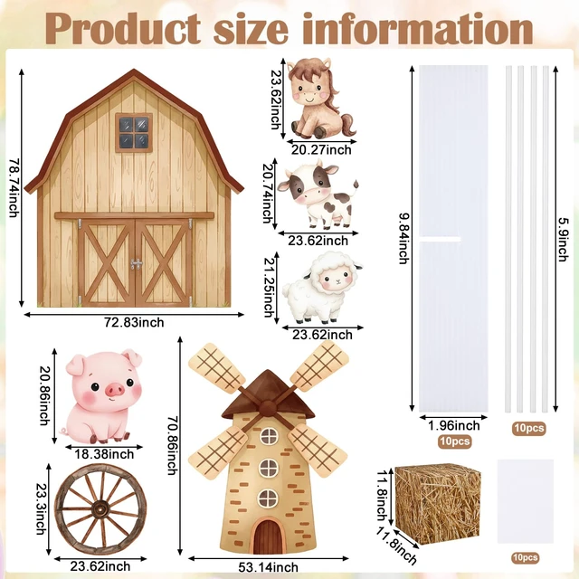 Alt view image 2 of 7 - 10 Pcs Large Farm Animal Backdrop Party Decorations Brown Barn Farm Windmill Photo Backgrounds with Animal Standups, Straw Boxes, for Girls Boys Birthday Photoprops Baby Shower Party Decor