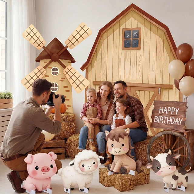 Alt view image 5 of 7 - 10 Pcs Large Farm Animal Backdrop Party Decorations Brown Barn Farm Windmill Photo Backgrounds with Animal Standups, Straw Boxes, for Girls Boys Birthday Photoprops Baby Shower Party Decor
