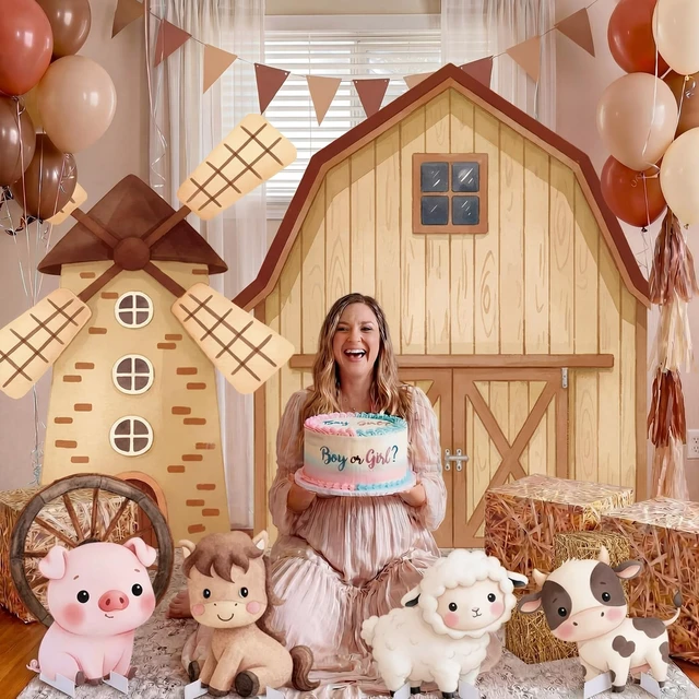 Alt view image 6 of 7 - 10 Pcs Large Farm Animal Backdrop Party Decorations Brown Barn Farm Windmill Photo Backgrounds with Animal Standups, Straw Boxes, for Girls Boys Birthday Photoprops Baby Shower Party Decor