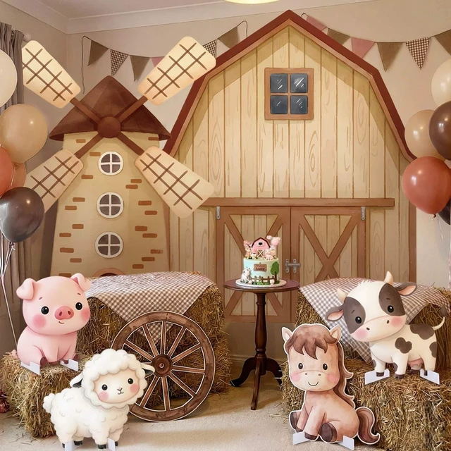 Alt view image 4 of 7 - 10 Pcs Large Farm Animal Backdrop Party Decorations Brown Barn Farm Windmill Photo Backgrounds with Animal Standups, Straw Boxes, for Girls Boys Birthday Photoprops Baby Shower Party Decor