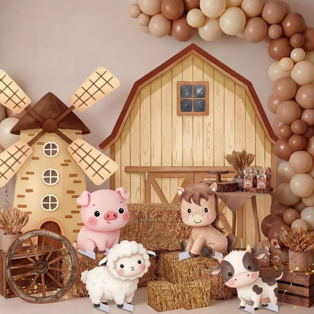 Alt view image 7 of 7 - 10 Pcs Large Farm Animal Backdrop Party Decorations Brown Barn Farm Windmill Photo Backgrounds with Animal Standups, Straw Boxes, for Girls Boys Birthday Photoprops Baby Shower Party Decor