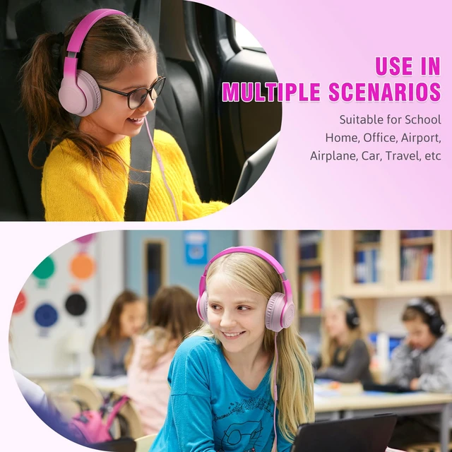 Alt view image 6 of 6 - L22 Foldable Wired Headphones for Kids Girls Boys with Microphone Stereo 3.5mm Corded Head phones for School Classroom Airplane Chromebooks Computer Laptop Phones Gradient Pink