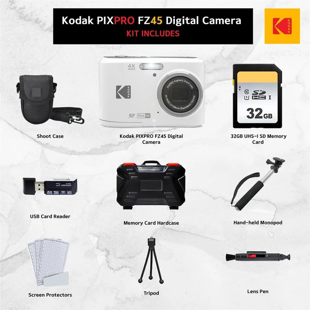 Alt view image 2 of 7 - Kodak PIXPRO FZ45 Digital Camera (White) + 32GB Memory Card + Point and Shoot Camera Case + Extendable Monopod + Lens Cleaning Pen + LCD Screen Protectors + Table Top Tripod Ultimate Bundle