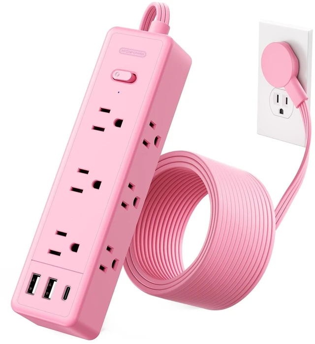 Main image of Flat Extension Cord, Pink Power Strip, Cute Pink Extension Cord 5FT, 9 Outlets 3 USB (1 USB C), Mounted, Multiple Outlets for Home Office, Kawaii, Desk Accessories, Women