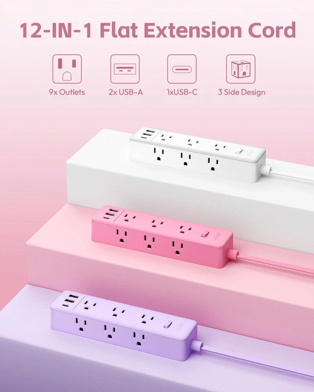 Alt view image 2 of 7 - Flat Extension Cord, Pink Power Strip, Cute Pink Extension Cord 5FT, 9 Outlets 3 USB (1 USB C), Mounted, Multiple Outlets for Home Office, Kawaii, Desk Accessories, Women