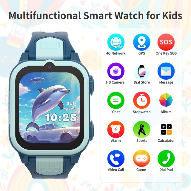 Alt view image 2 of 7 - 4G Kids Smart Watch Boys with GPS Tracker & Phone Call, Camera, Light Blue Kids GPS Tracker Watch with Age 5-12 with SOS Calling, HD TouchScreen Video Call, Voice Chat, Class Mode, Birthday Gifts Toy
