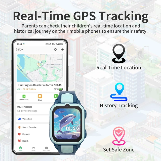 Alt view image 3 of 7 - 4G Kids Smart Watch Boys with GPS Tracker & Phone Call, Camera, Light Blue Kids GPS Tracker Watch with Age 5-12 with SOS Calling, HD TouchScreen Video Call, Voice Chat, Class Mode, Birthday Gifts Toy