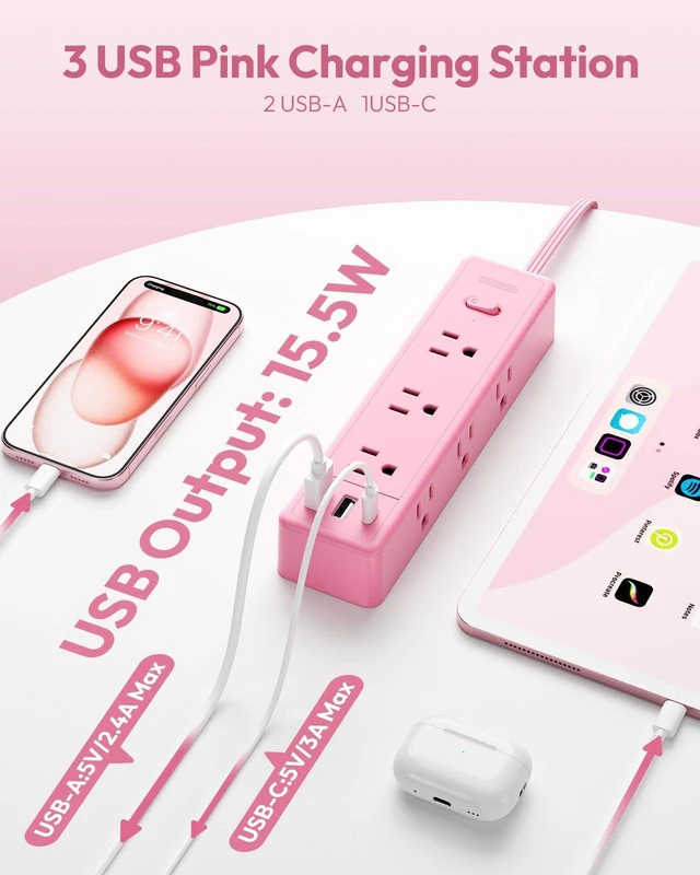 Alt view image 4 of 7 - Flat Extension Cord, Pink Power Strip, Cute Pink Extension Cord 5FT, 9 Outlets 3 USB (1 USB C), Mounted, Multiple Outlets for Home Office, Kawaii, Desk Accessories, Women