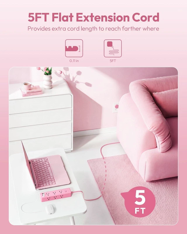Alt view image 5 of 7 - Flat Extension Cord, Pink Power Strip, Cute Pink Extension Cord 5FT, 9 Outlets 3 USB (1 USB C), Mounted, Multiple Outlets for Home Office, Kawaii, Desk Accessories, Women