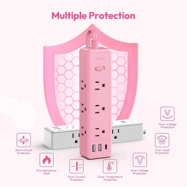 Alt view image 6 of 7 - Flat Extension Cord, Pink Power Strip, Cute Pink Extension Cord 5FT, 9 Outlets 3 USB (1 USB C), Mounted, Multiple Outlets for Home Office, Kawaii, Desk Accessories, Women