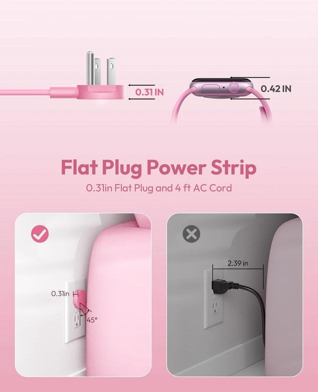 Alt view image 7 of 7 - Flat Extension Cord, Pink Power Strip, Cute Pink Extension Cord 5FT, 9 Outlets 3 USB (1 USB C), Mounted, Multiple Outlets for Home Office, Kawaii, Desk Accessories, Women
