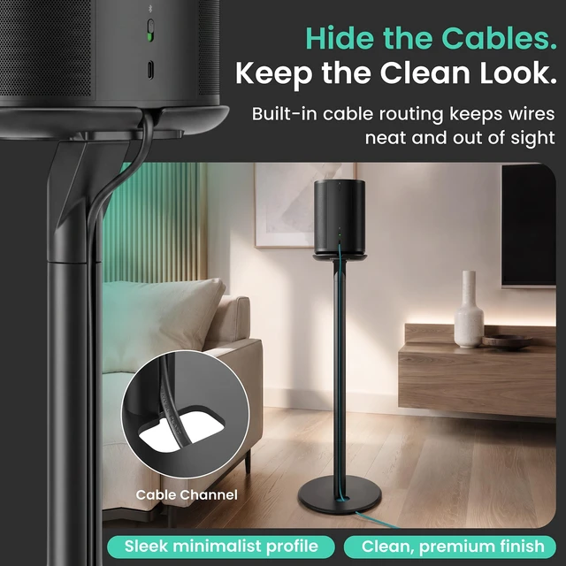 Alt view image 5 of 7 - Speaker Stands for Sonos Era 100, SL & 300-2 Pack, Black 28.2" Fixed height Speaker Stands Pair, Metal Construction, Matte Finish, Stable Base, Rubber Feet, Built in Cable Management