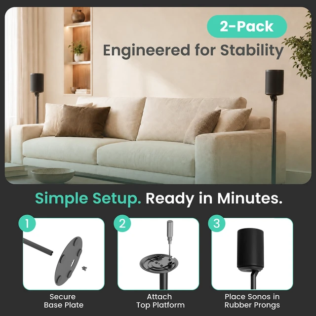 Alt view image 6 of 7 - Speaker Stands for Sonos Era 100, SL & 300-2 Pack, Black 28.2" Fixed height Speaker Stands Pair, Metal Construction, Matte Finish, Stable Base, Rubber Feet, Built in Cable Management