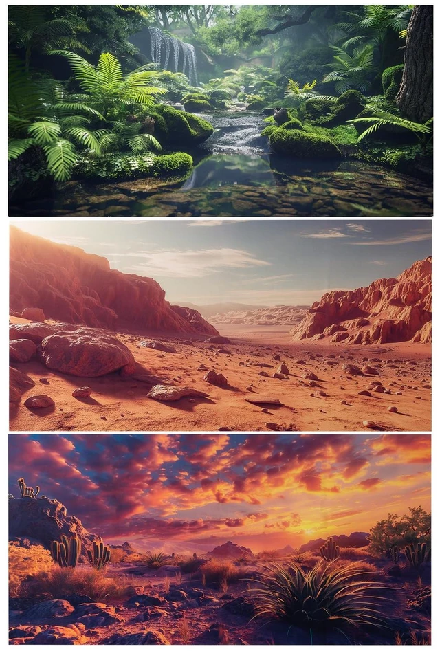 Main image of 3 Pack Terrarium Background, 48x18 inch Polyester Reptile Background Cloth Terrarium Background, Gobi Sunshine Cactus Stone & Green Tree Fern Stream Backgrounds, Backgrounds for Reptile Tank
