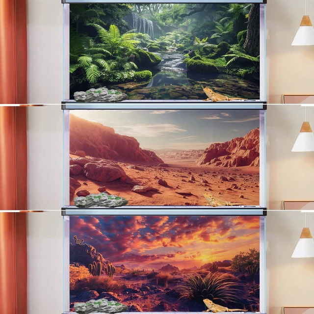Alt view image 7 of 7 - 3 Pack Terrarium Background, 48x18 inch Polyester Reptile Background Cloth Terrarium Background, Gobi Sunshine Cactus Stone & Green Tree Fern Stream Backgrounds, Backgrounds for Reptile Tank