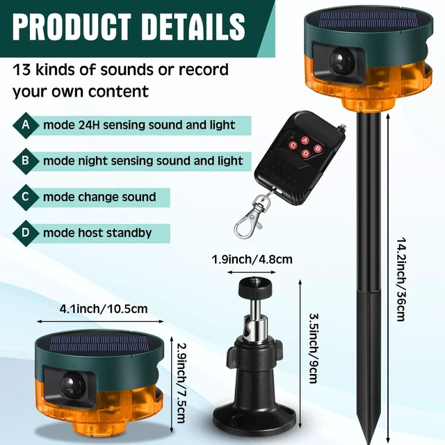 Alt view image 2 of 7 - 4 Pack Solar Outdoor Motion Sensor Alarm-Dog Barking&Gunshot Sound Support Recording Animal Deterrent for Home Security, 13 Kinds of Sounds (Yellow)