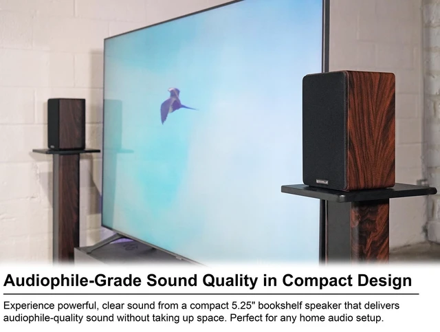 Alt view image 2 of 7 - RockShelf 58D Dark Wood Pair 5.25" Home Theater Speakers Bookshelf, 360W Peak/90W RMS, Kevlar Woofer, 1" Silk Dome Tweeter, Wall Mount, 8 Ohm, MDF Cabinet, 5-Way Binding Posts