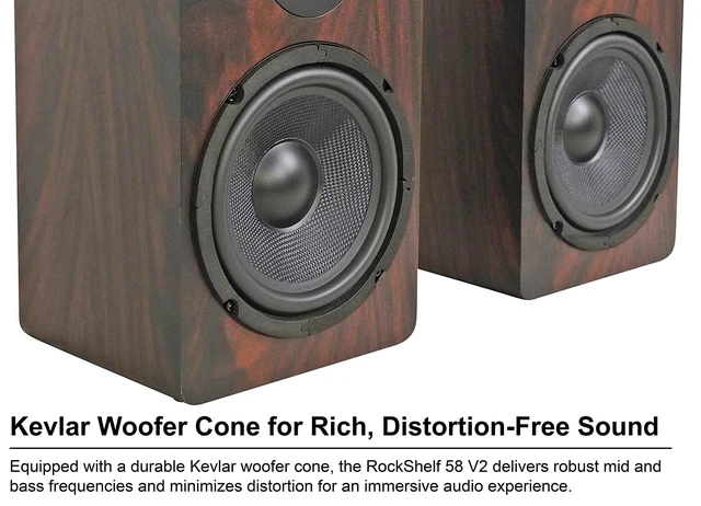 Alt view image 7 of 7 - RockShelf 58D Dark Wood Pair 5.25" Home Theater Speakers Bookshelf, 360W Peak/90W RMS, Kevlar Woofer, 1" Silk Dome Tweeter, Wall Mount, 8 Ohm, MDF Cabinet, 5-Way Binding Posts