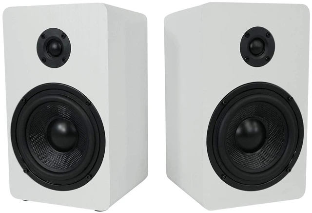 Main image of RockShelf 58W White Pair 5.25" Home Theater Bookshelf Speakers 360W Peak/90W RMS, Kevlar Woofer, 1" Silk Dome Tweeter, Wall Mount, 8 Ohm, MDF Cabinet, 5-Way Binding Posts