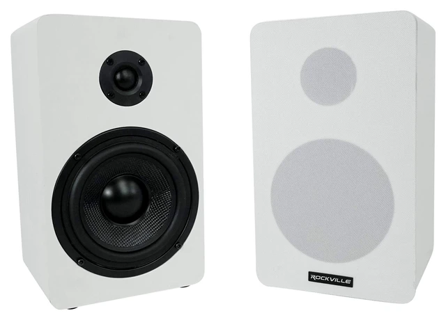 Alt view image 3 of 7 - RockShelf 58W White Pair 5.25" Home Theater Bookshelf Speakers 360W Peak/90W RMS, Kevlar Woofer, 1" Silk Dome Tweeter, Wall Mount, 8 Ohm, MDF Cabinet, 5-Way Binding Posts