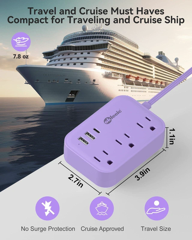 Alt view image 4 of 7 - Purple Extension Cord with 3 Outlets & 3 USB(1 USB C), Cute Small Extension Cord 5ft, Travel Power Strip Flat Plug with USB Charging Station, Compact for Cute Purple Kawaii Lavender Desk Accessories