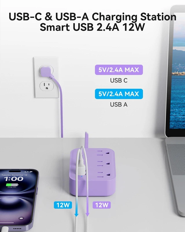Alt view image 5 of 7 - Purple Extension Cord with 3 Outlets & 3 USB(1 USB C), Cute Small Extension Cord 5ft, Travel Power Strip Flat Plug with USB Charging Station, Compact for Cute Purple Kawaii Lavender Desk Accessories