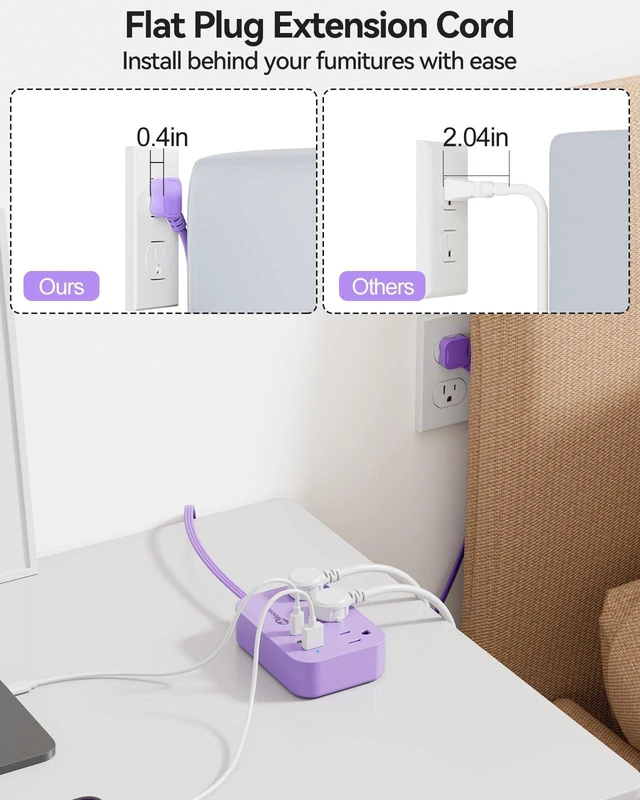 Alt view image 6 of 7 - Purple Extension Cord with 3 Outlets & 3 USB(1 USB C), Cute Small Extension Cord 5ft, Travel Power Strip Flat Plug with USB Charging Station, Compact for Cute Purple Kawaii Lavender Desk Accessories