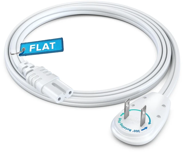 Main image of TV Power Cord 3 Ft, 2-Prong IEC C7, White, 360 Rotating Flat Plug, UL Works with gaming consoles, speakers, printers, and all IEC C7-compatible electronics
