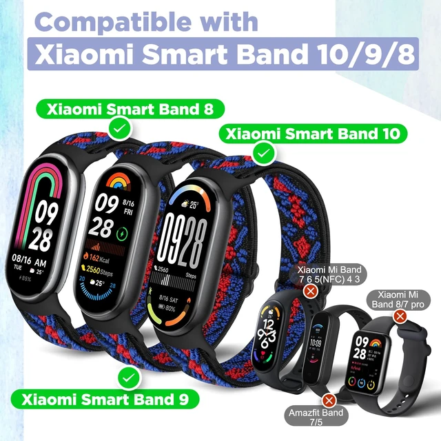 Alt view image 2 of 7 - Elastic Bands Compatible with Xiaomi Smart Band 10/9/8 for Women Men, Stretchy Solo Loop Soft Nylon Elastic Strap Replacement Wristband for Xiaomi Mi Band 10/9/83 PCS