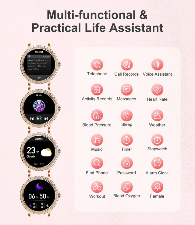 Alt view image 2 of 7 - Smart Watch for Women(Answer/Make Calls),1.3"HD Diamonds Luxury Smartwatch for Android iPhone Phones,Fitness Trackers with 20+ Sport Modes/Heart Rate/IP68 Waterproof/SpO2/Sleep Monitor,Rose gold