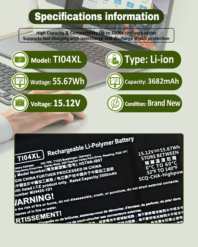 Alt view image 3 of 7 - 55.67Wh 4-Cell TI04XL M24563-005 Battery for HP Envy 17 Envy 17-ch Series for HP Envy 17-CH000 17m-ch000 17T-CH000 17-ch0027ur 17-ch0026ur 17m-ch0013dx, M24420-1C1 M24420-1D1 (15.12V 55.67Wh)