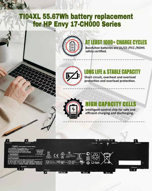 Alt view image 5 of 7 - 55.67Wh 4-Cell TI04XL M24563-005 Battery for HP Envy 17 Envy 17-ch Series for HP Envy 17-CH000 17m-ch000 17T-CH000 17-ch0027ur 17-ch0026ur 17m-ch0013dx, M24420-1C1 M24420-1D1 (15.12V 55.67Wh)