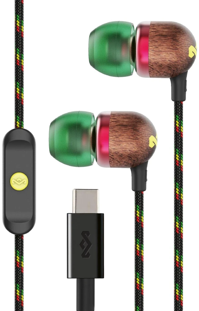 Main image of House of Smile Jamaica USB-C Wired Earbuds with Microphone, in-Ear Headphones, 9.2mm Driver, Tangle-Resistant Cable, Plug-and-Play Earphones for Smartphones, Tablets & Laptops (Rasta)