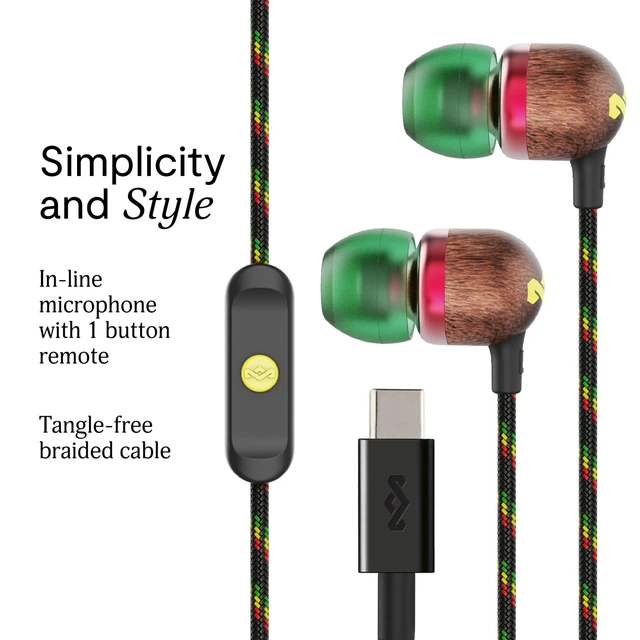 Alt view image 2 of 7 - House of Smile Jamaica USB-C Wired Earbuds with Microphone, in-Ear Headphones, 9.2mm Driver, Tangle-Resistant Cable, Plug-and-Play Earphones for Smartphones, Tablets & Laptops (Rasta)
