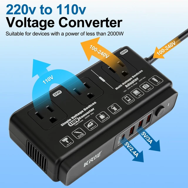 Alt view image 7 of 7 - 220V to 110V Travel Voltage Converter, Black International Universal Voltage Converter US to Europe Power Transformer, 2000W Electric Step Down Outlet Converter for EU UK