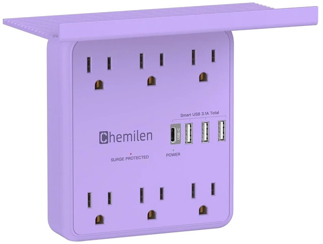 Main image of Wall Charger with Shelf 6 Outlet Extender with USB Ports ETL Listed Purple Power Strip with Adapter Spaced Outlets - Multi Plug Outlet Surge Protector for Home Office Travel
